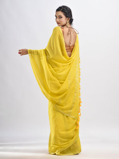 Women's Yellow cotton with Jacquard Zari border and zari Stipe pallu handloom Saree