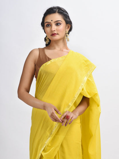 Women's Yellow cotton with Jacquard Zari border and zari Stipe pallu handloom Saree