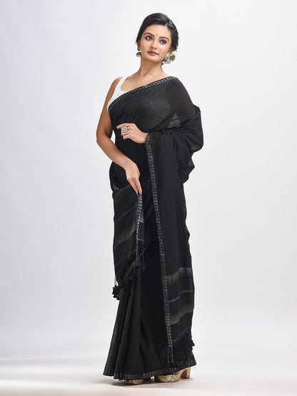 Women's Black cotton with Jacquard Zari border and zari Stipe pallu handloom Saree