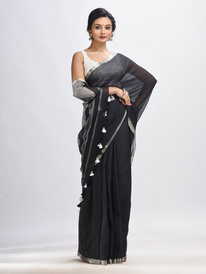Women's Black Cotton with zari pallu and zari border handloom Saree