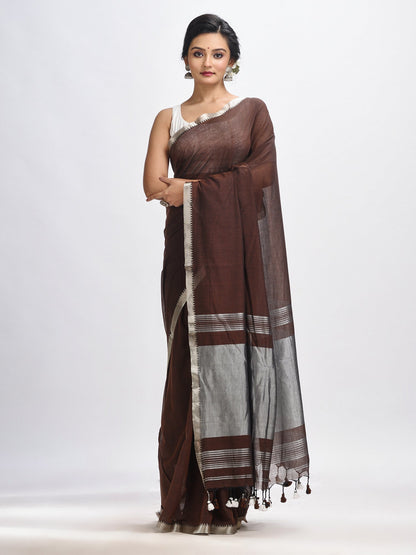 Women's Dark coffee Cotton with zari pallu and zari border handloom Saree