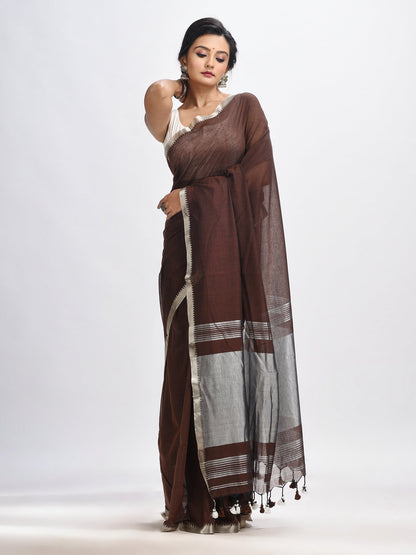 Women's Dark coffee Cotton with zari pallu and zari border handloom Saree