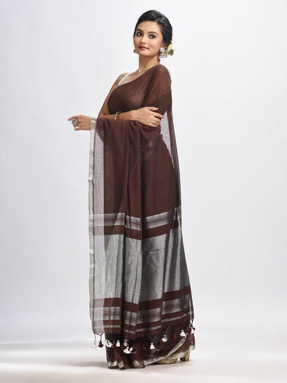 Women's Dark coffee Cotton with zari pallu and zari border handloom Saree