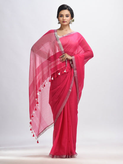 Women's Deep pink Cotton with zari pallu and zari border handloom Saree