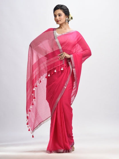 Women's Deep pink Cotton with zari pallu and zari border handloom Saree