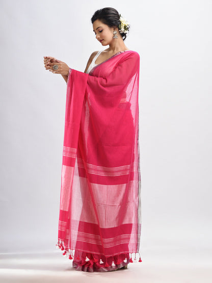 Women's Deep pink Cotton with zari pallu and zari border handloom Saree