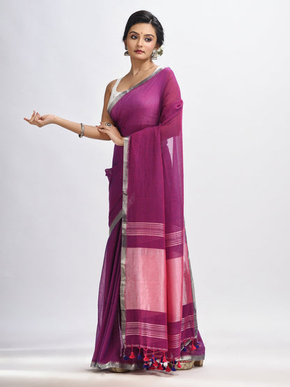 Women's Dark magenta Cotton with zari pallu and zari border handloom Saree