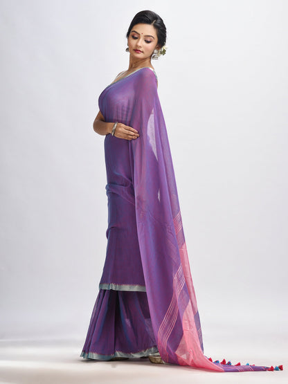 Women's Dark violet Cotton with zari pallu and zari border handloom Saree