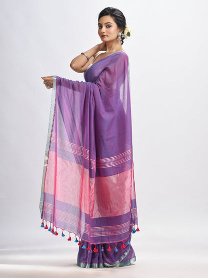 Women's Dark violet Cotton with zari pallu and zari border handloom Saree