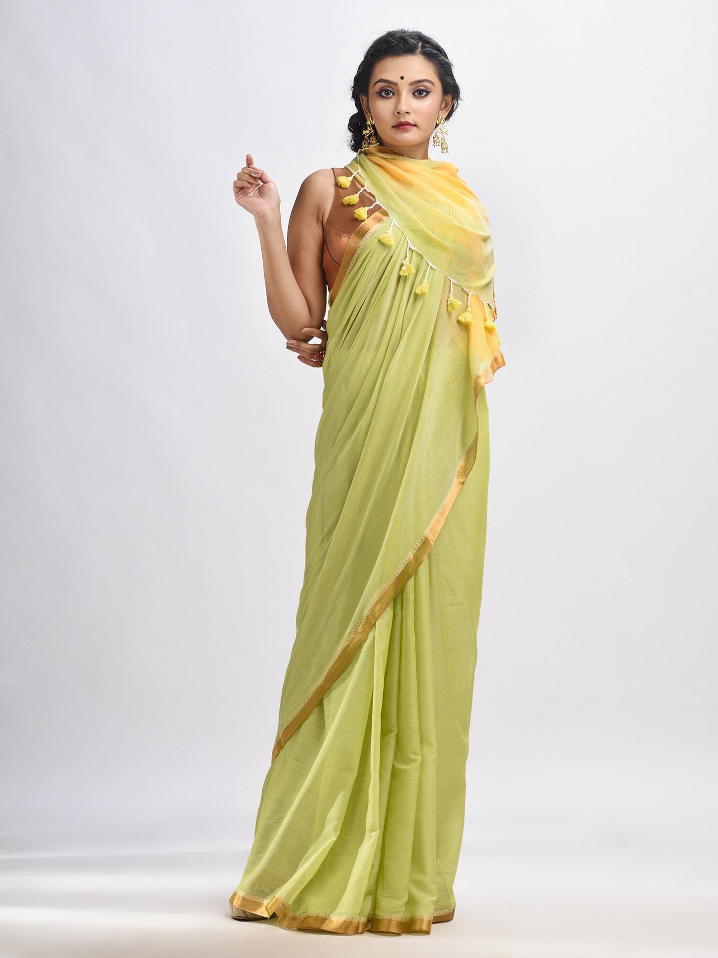 Women's Lemon chiffon Cotton with zari pallu and zari border handloom Saree