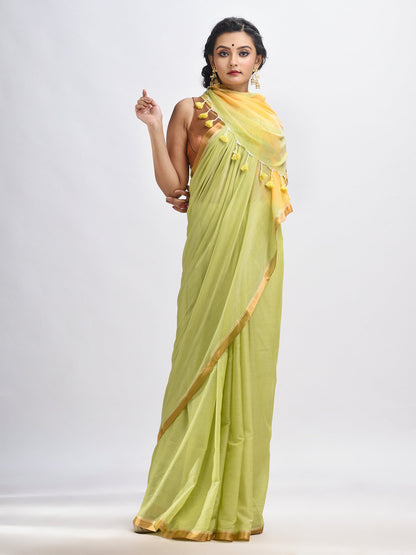 Women's Lemon chiffon Cotton with zari pallu and zari border handloom Saree