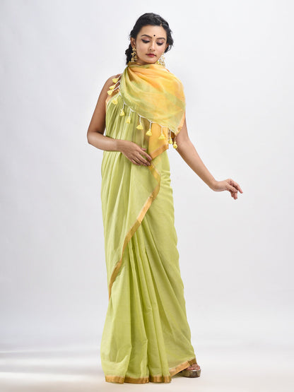 Women's Lemon chiffon Cotton with zari pallu and zari border handloom Saree