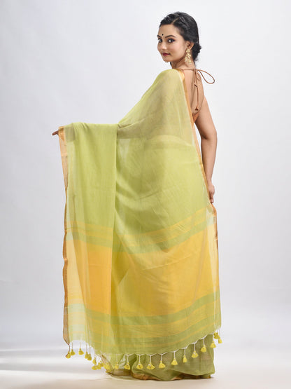 Women's Lemon chiffon Cotton with zari pallu and zari border handloom Saree