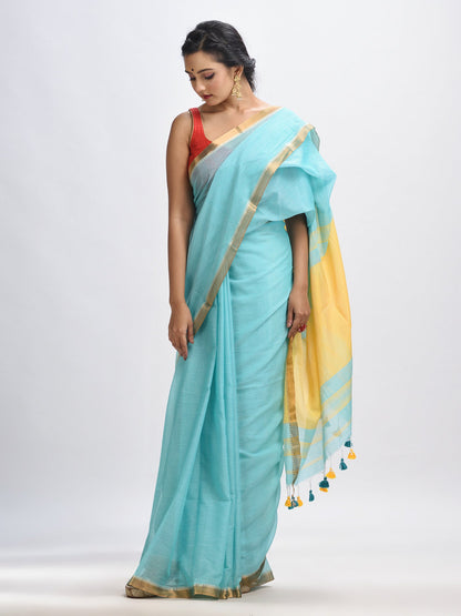 Women's Aqua sky Cotton with zari pallu and zari border handloom Saree