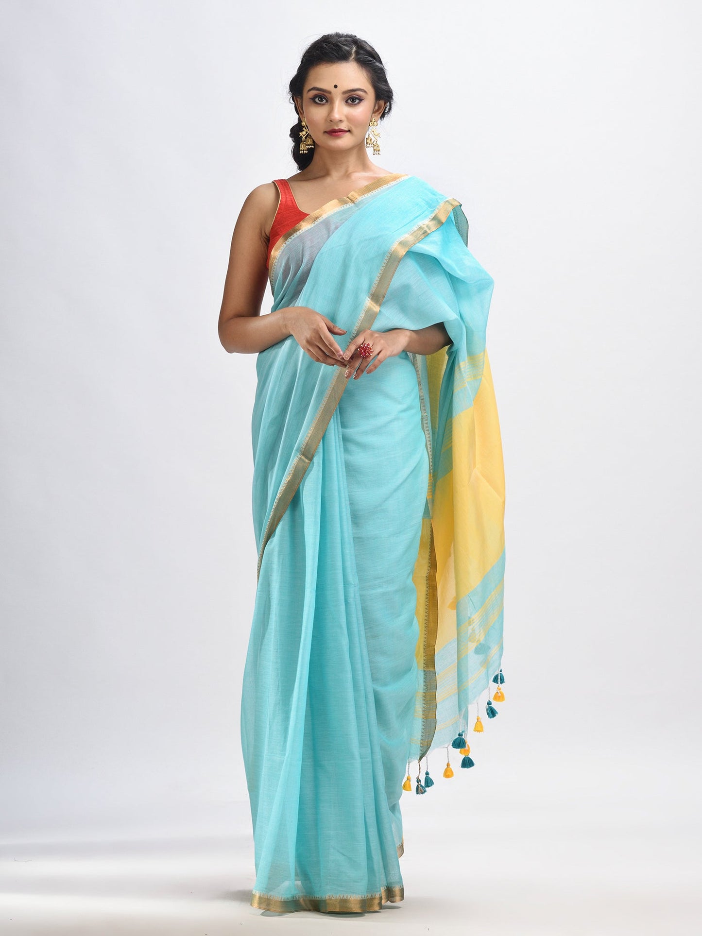 Women's Aqua sky Cotton with zari pallu and zari border handloom Saree