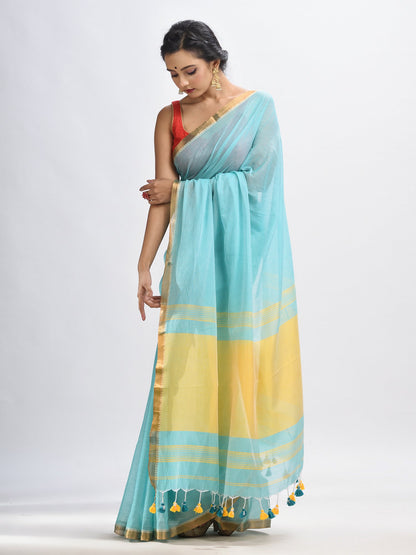 Women's Aqua sky Cotton with zari pallu and zari border handloom Saree