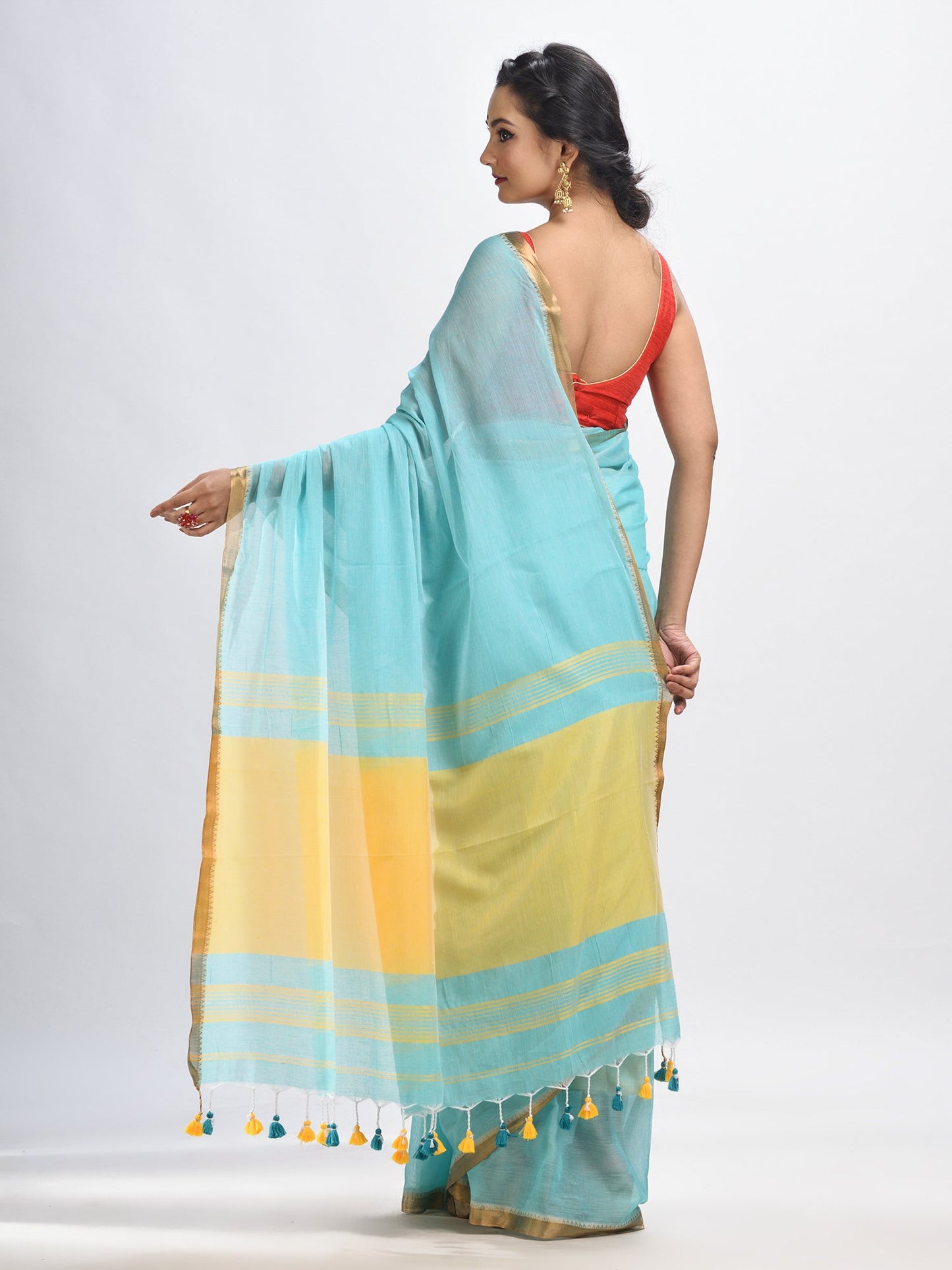 Women's Aqua sky Cotton with zari pallu and zari border handloom Saree
