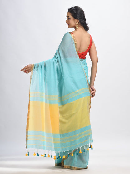 Women's Aqua sky Cotton with zari pallu and zari border handloom Saree
