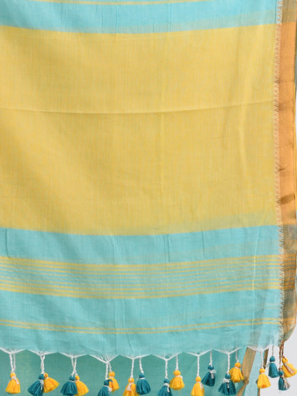 Women's Aqua sky Cotton with zari pallu and zari border handloom Saree