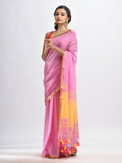 Women's Blush pink Cotton with zari pallu and zari border handloom Saree