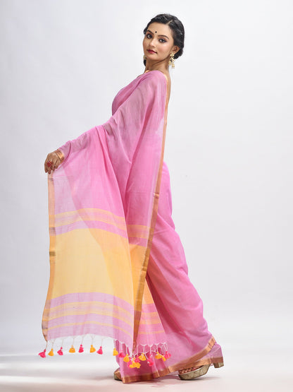 Women's Blush pink Cotton with zari pallu and zari border handloom Saree