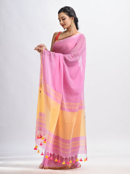 Women's Blush pink Cotton with zari pallu and zari border handloom Saree