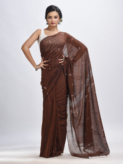 Women's Dark coffee body buti Handloom Molmol Cotton Jamdani Saree