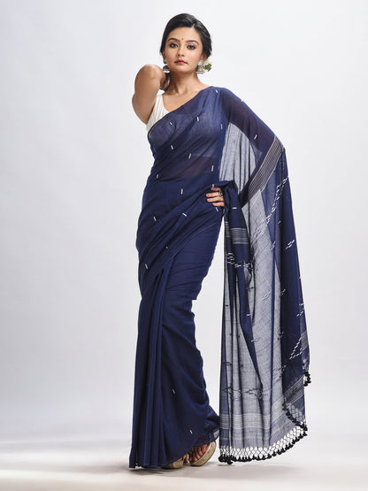 Women's Navy bule body buti Handloom Molmol Cotton Jamdani Saree