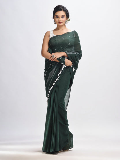 Women's Bottle green body buti Handloom Molmol Cotton Jamdani Saree