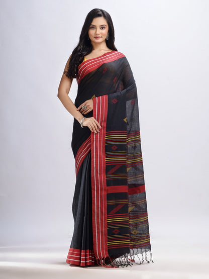 Women's Black cotton with red border handwoven jamdani saree