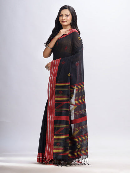 Women's Black cotton with red border handwoven jamdani saree