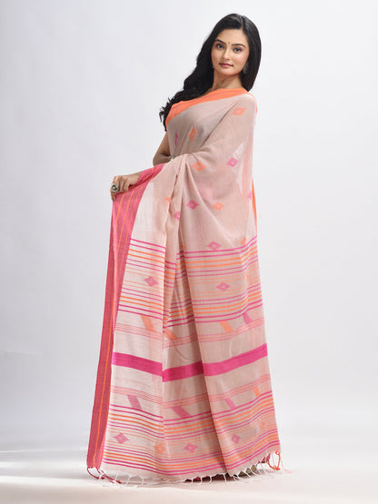 Women's Chic peach cotton with pink border handwoven jamdani saree