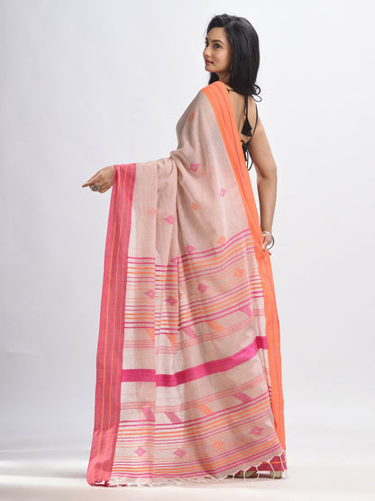 Women's Chic peach cotton with pink border handwoven jamdani saree