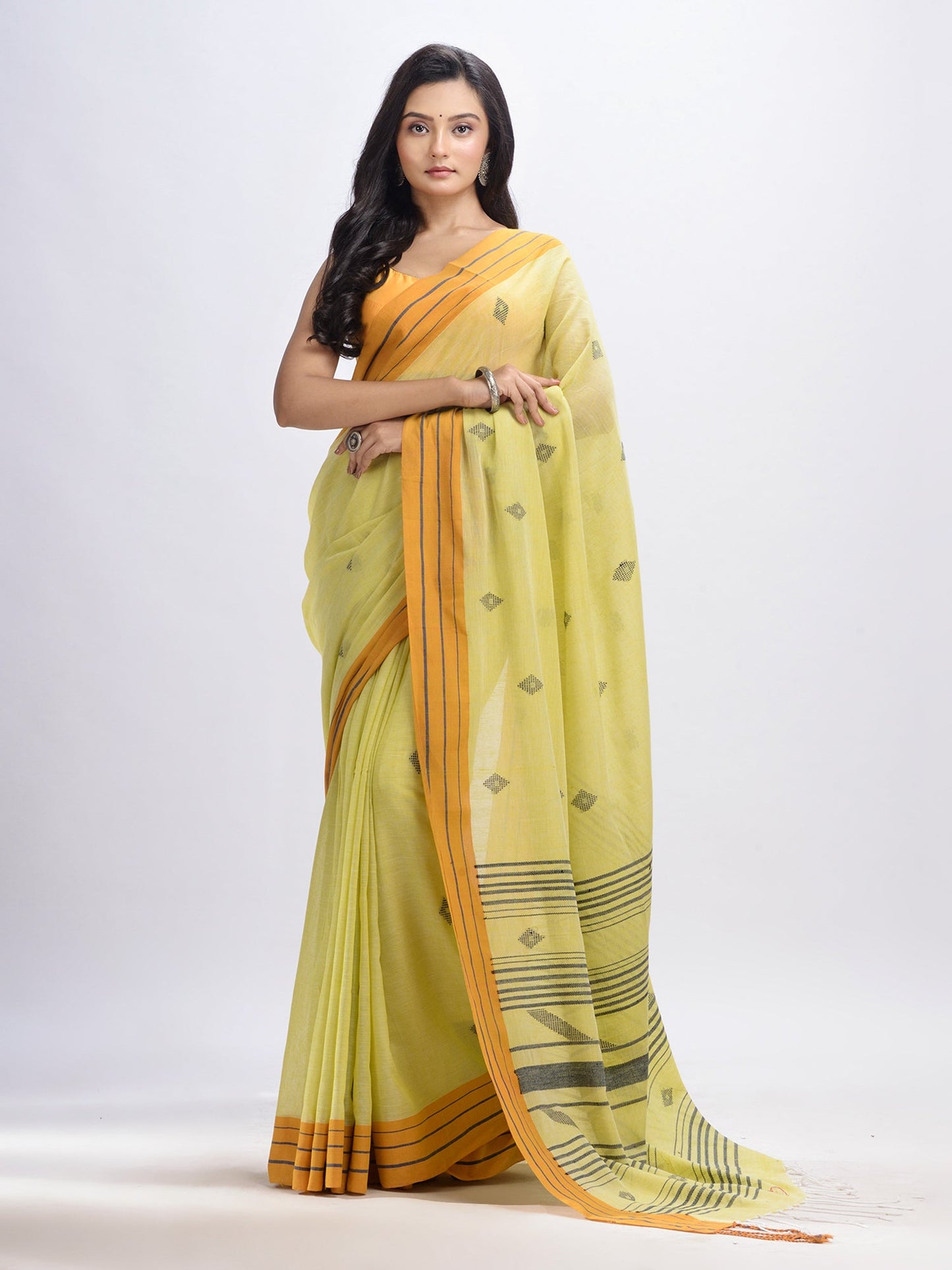 Women's Summer yellow cotton with simply elegant border handwoven jamdani saree