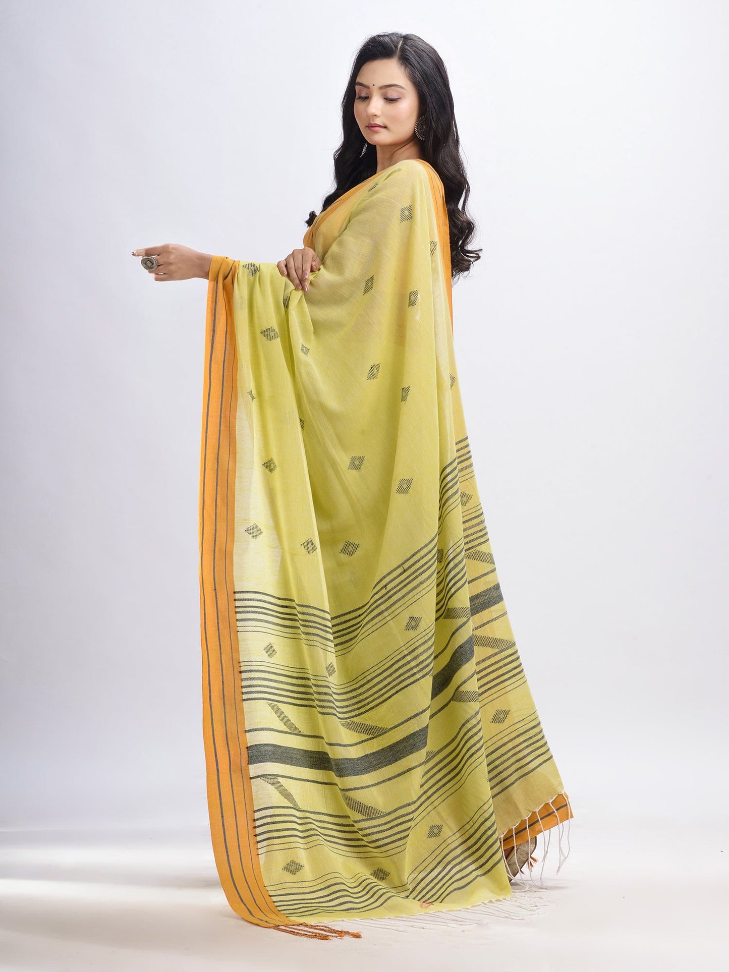 Women's Summer yellow cotton with simply elegant border handwoven jamdani saree