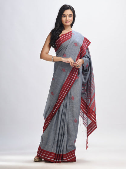 Women's Grey cotton with maroon border handwoven jamdani saree
