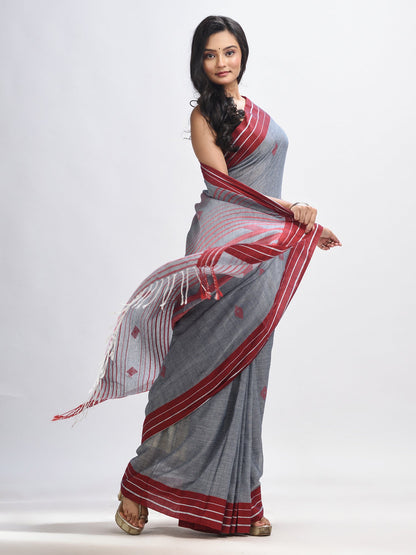 Women's Grey cotton with maroon border handwoven jamdani saree