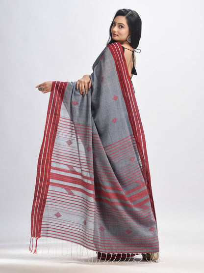Women's Grey cotton with maroon border handwoven jamdani saree