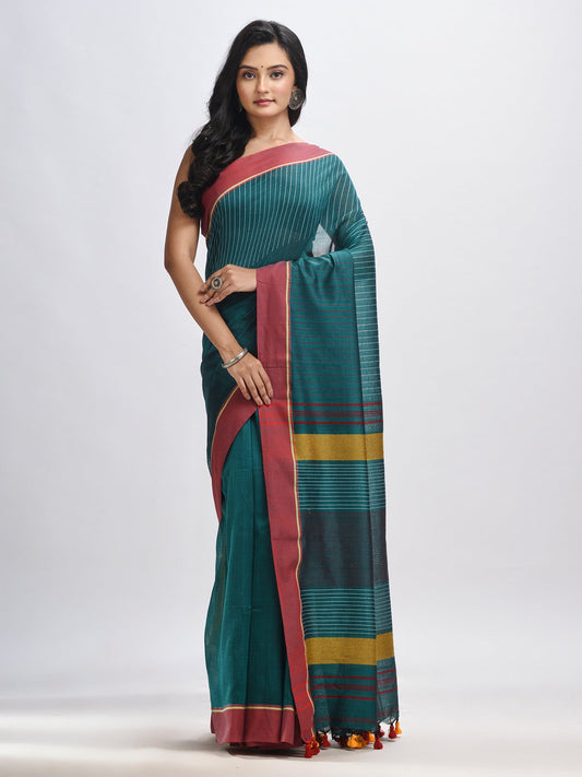 Women's Rama green cotton with red border handwoven jamdani saree