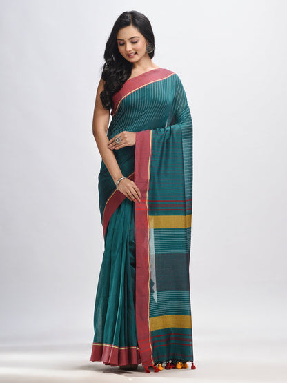 Women's Rama green cotton with red border handwoven jamdani saree