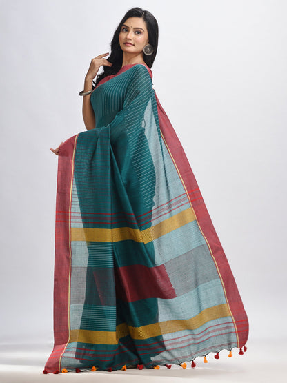 Women's Rama green cotton with red border handwoven jamdani saree