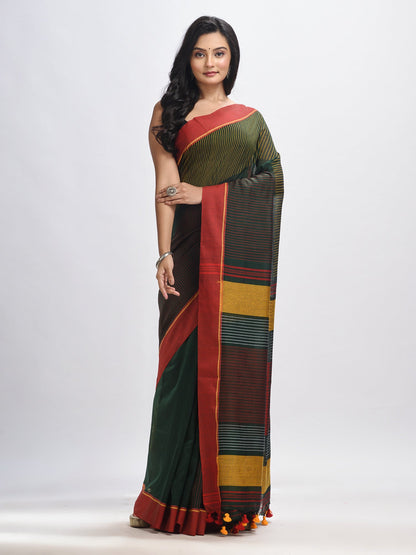 Women's Bottle green cotton with red border handwoven jamdani saree