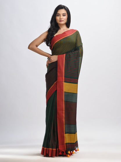 Women's Bottle green cotton with red border handwoven jamdani saree