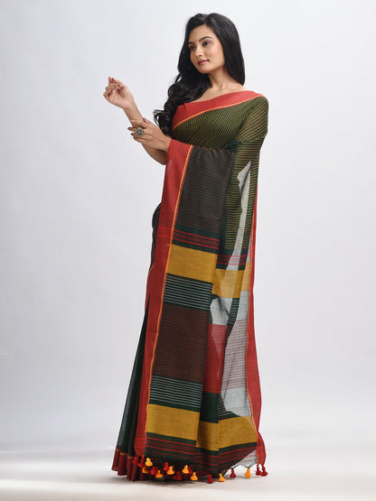 Women's Bottle green cotton with red border handwoven jamdani saree
