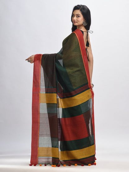 Women's Bottle green cotton with red border handwoven jamdani saree