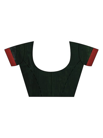 Women's Bottle green cotton with red border handwoven jamdani saree