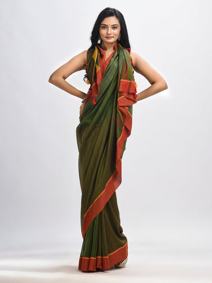 Women's Olive green cotton with red border handwoven jamdani saree