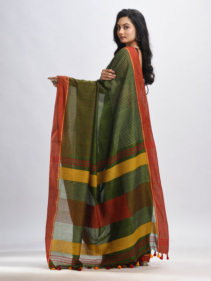 Women's Olive green cotton with red border handwoven jamdani saree