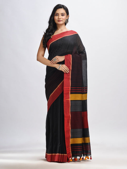 Women's Bkack cotton with red border handwoven jamdani saree