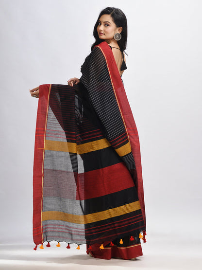 Women's Bkack cotton with red border handwoven jamdani saree